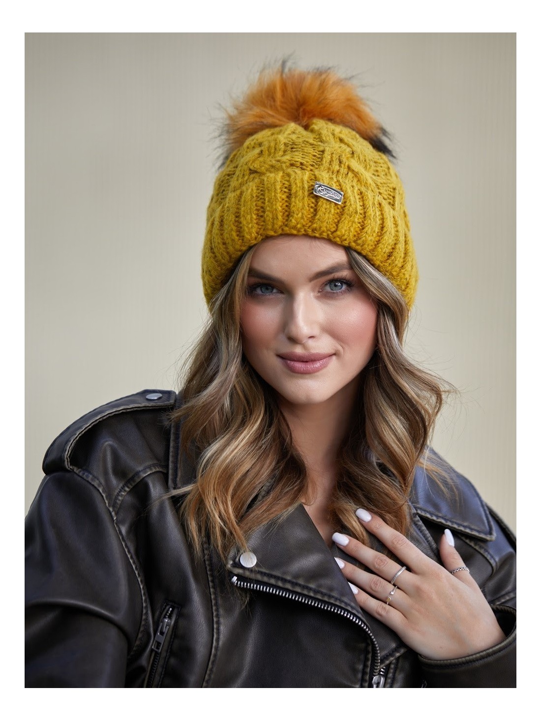 Winter hat with a shimmering thread in braids, mustard C49 - Online store - Boutique